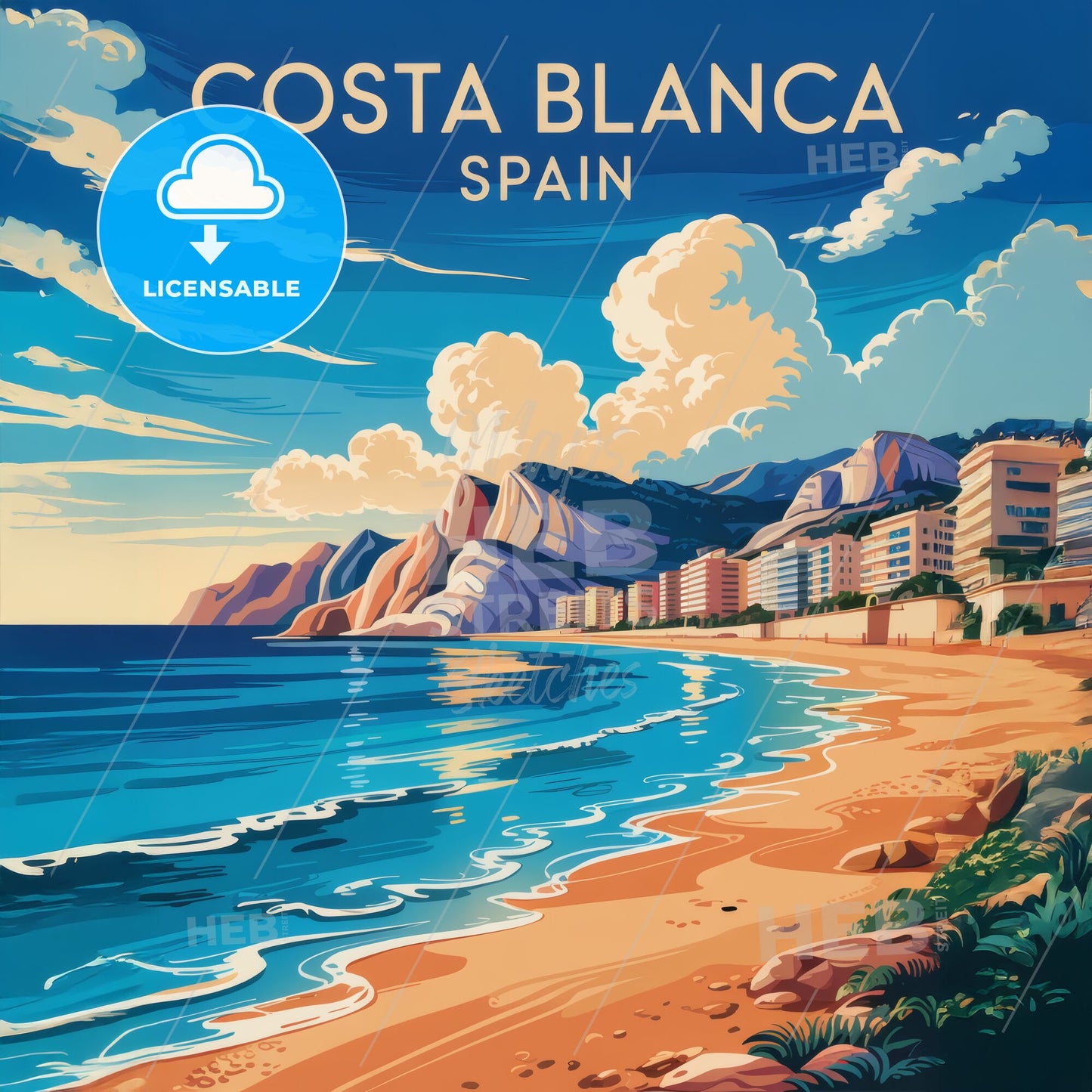 Vibrant Retro Costa Blanca Travel Poster: Sunlit Beaches & Dramatic Cliffs