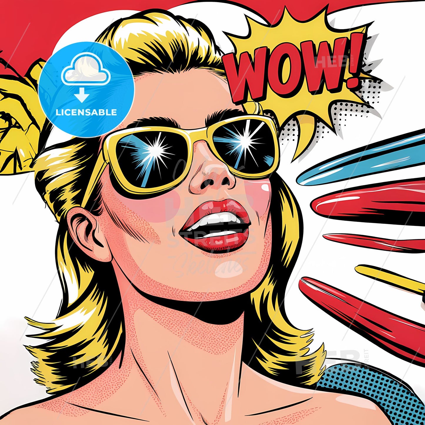 Vibrant Retro Glam: Radiant Woman in Yellow Shades and Red Lips