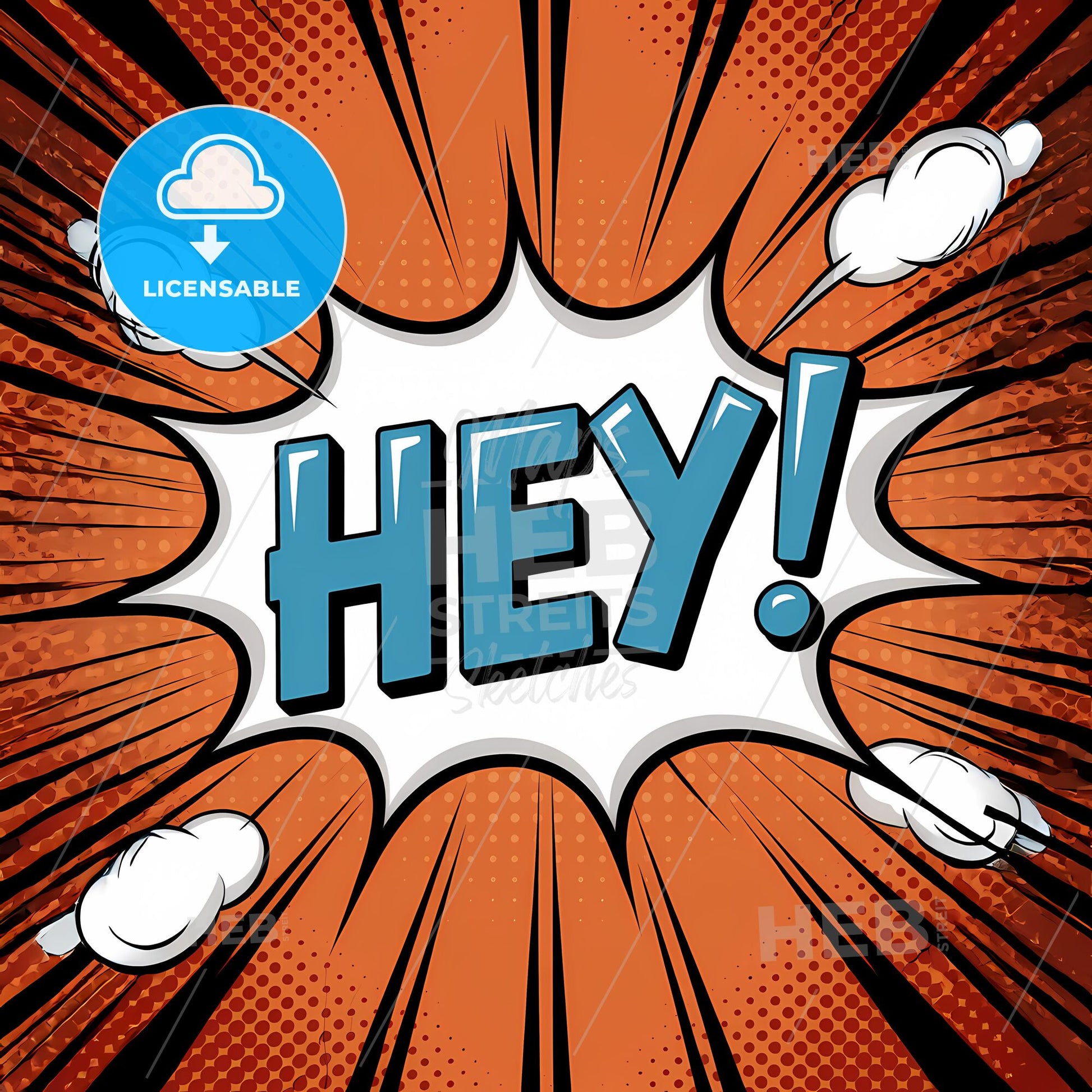 Vibrant Retro Pop Art: Bold 'HEY!' in Dynamic Speech Bubble Design