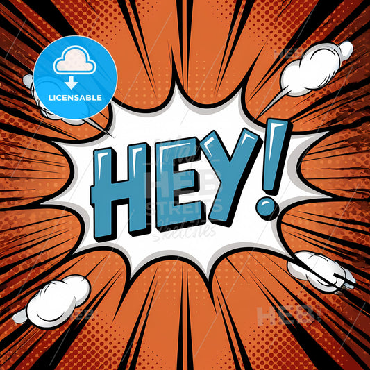 Vibrant Retro Pop Art: Bold 'HEY!' in Dynamic Speech Bubble Design