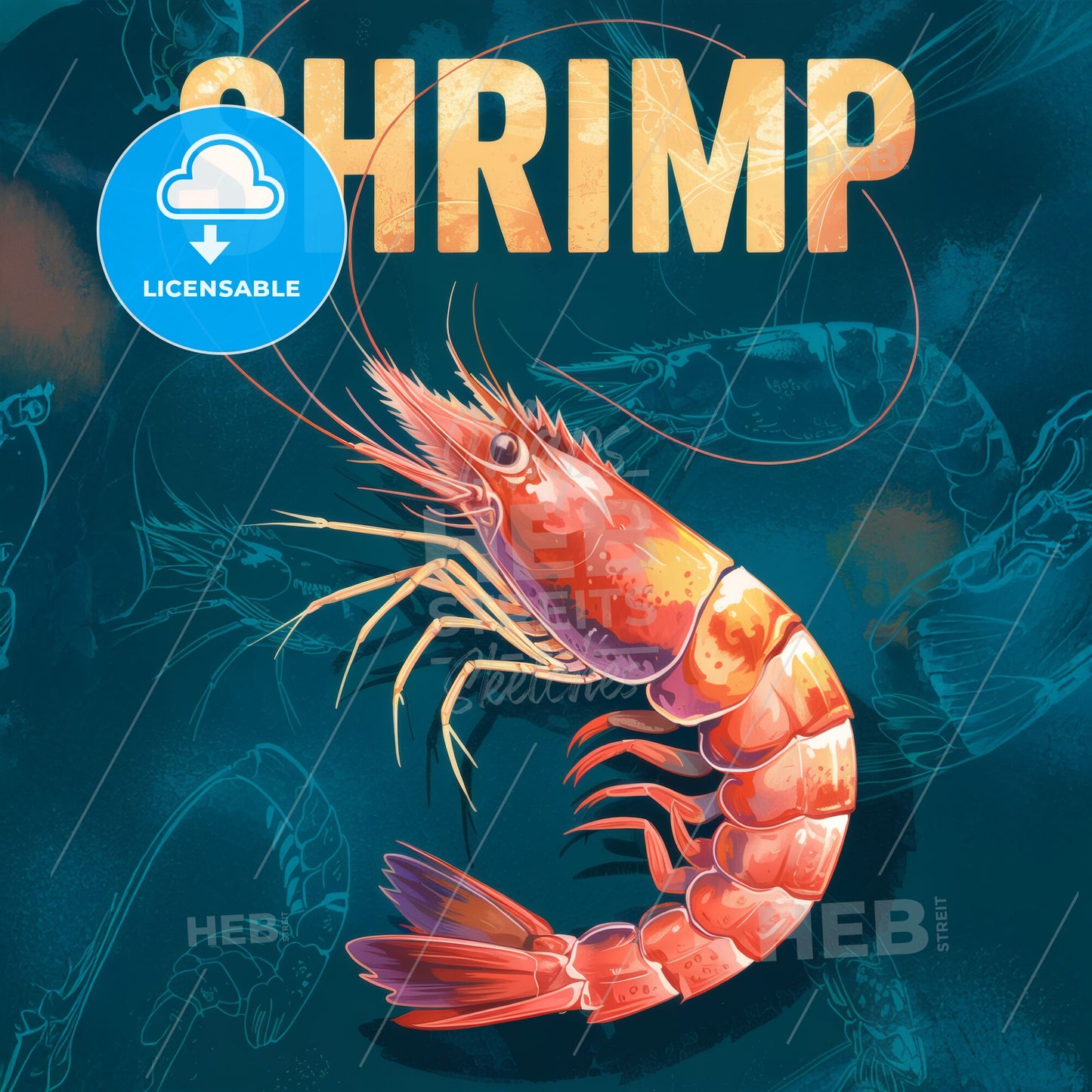 Vibrant Retro Shrimp Art: Expressive Coastal Charm for Seafood Lovers