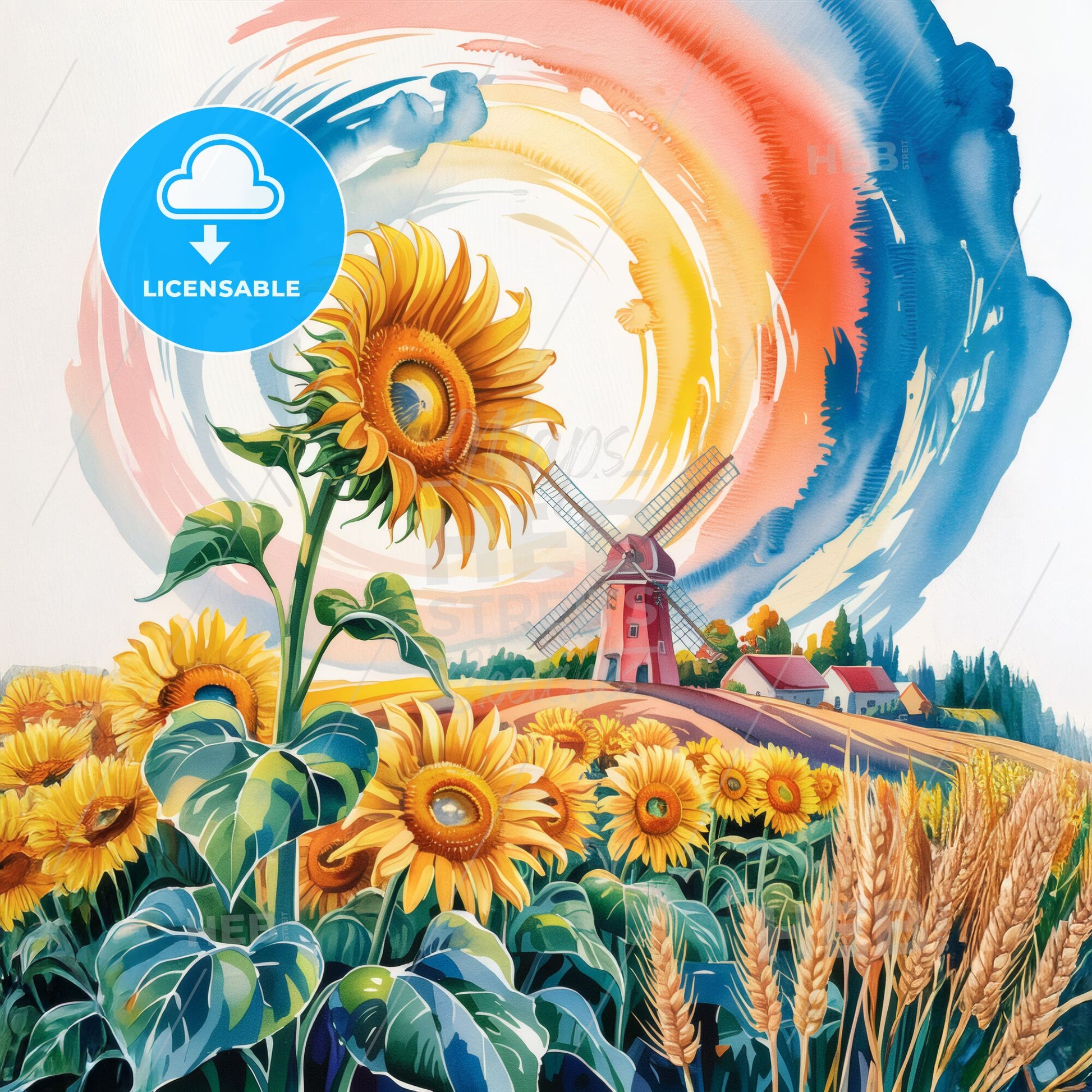 Vibrant Sunflower Serenade: A Cheerful Watercolor Landscape with Charming Windmill