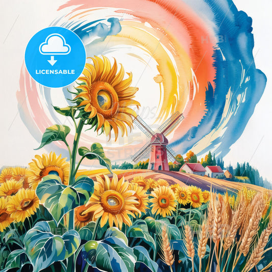 Vibrant Sunflower Serenade: A Cheerful Watercolor Landscape with Charming Windmill