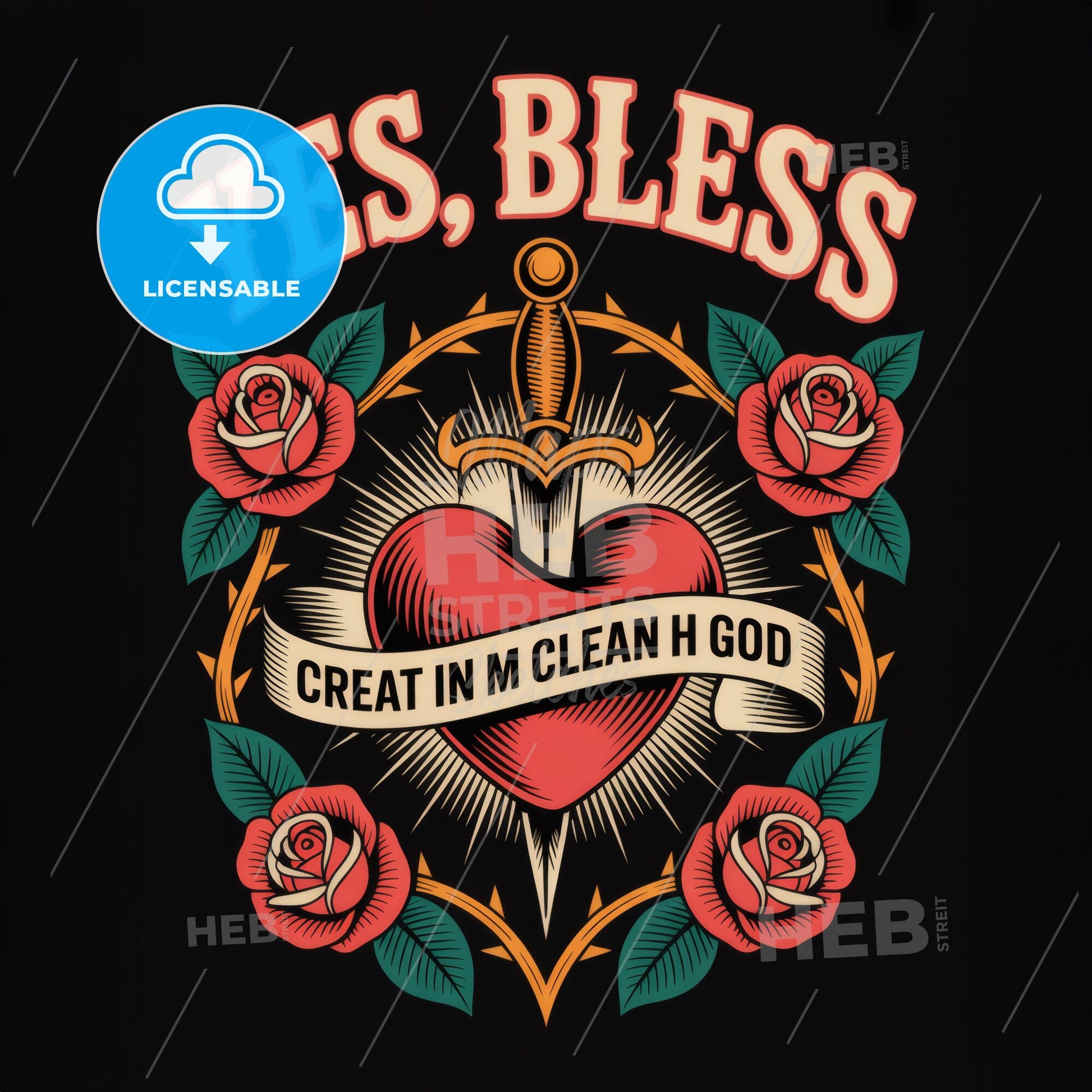 Vibrant Tattoo-Inspired Design Featuring a Heart, Sword, and Roses with Inspirational Text.