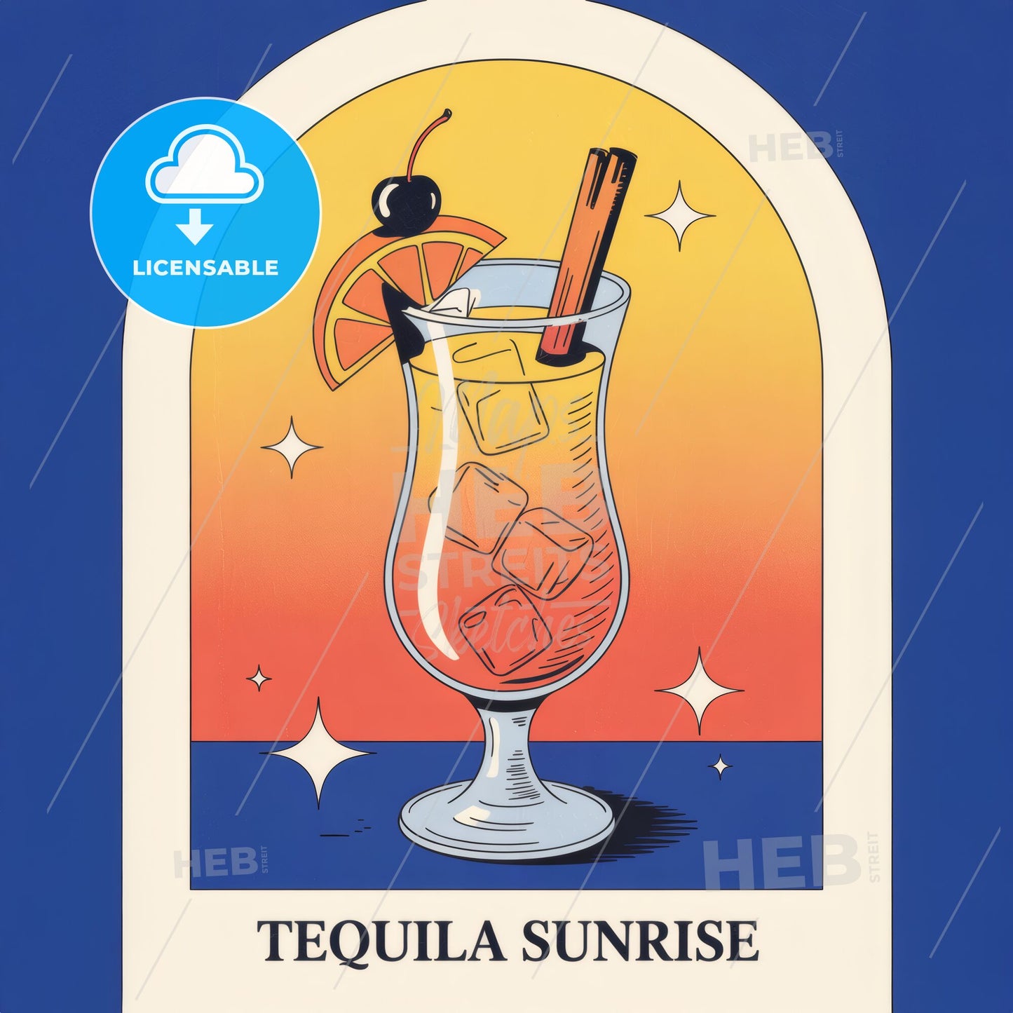Vibrant Tequila Sunrise Cocktail Art: Retro-Modern Minimalist Print