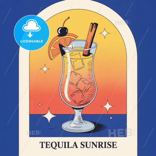 Vibrant Tequila Sunrise Cocktail Art: Retro-Modern Minimalist Print