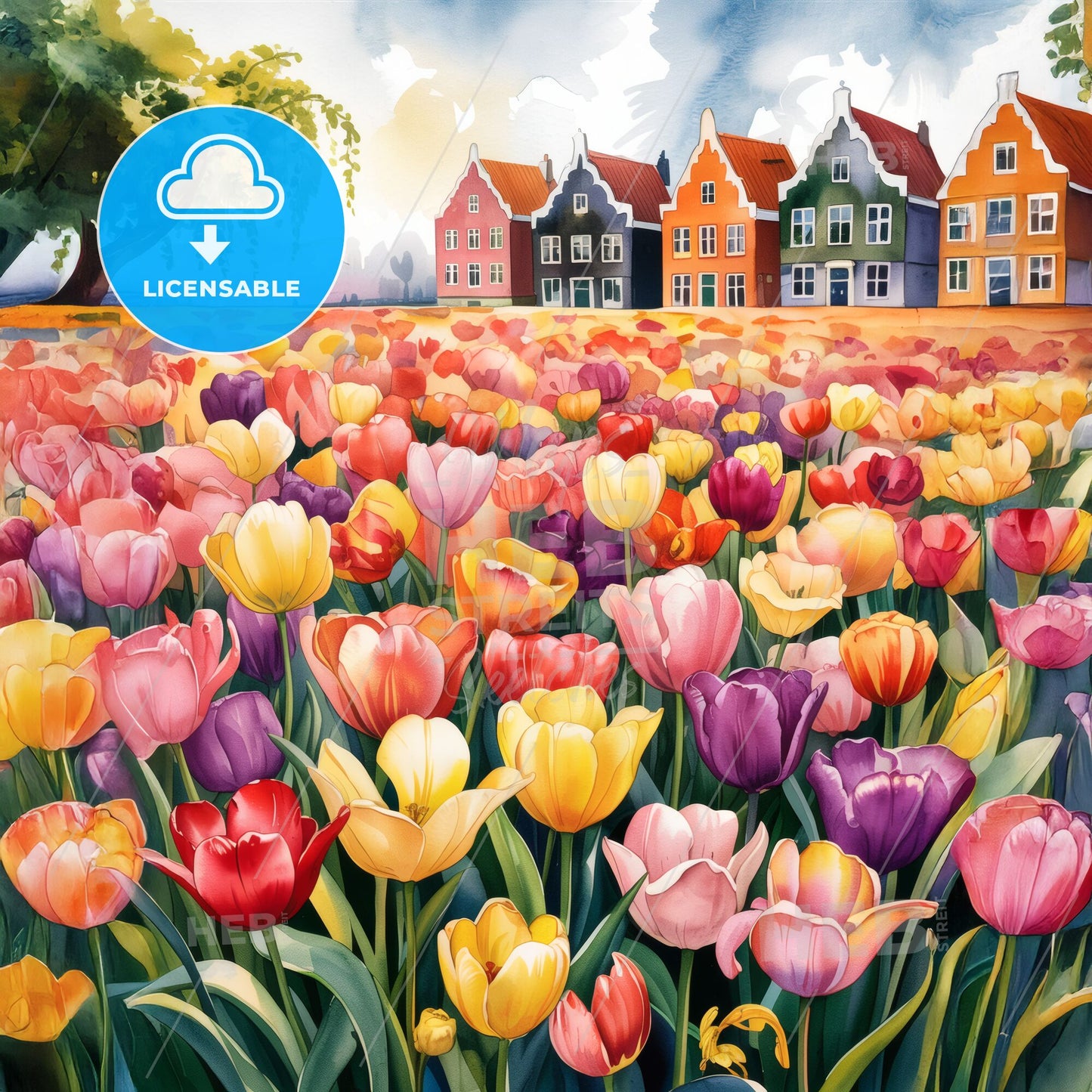 Vibrant Tulip Garden with Iconic Dutch Architecture: A Whimsical Watercolor Delight