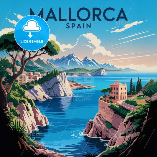 Vibrant Vintage Mallorca Travel Poster: Coastal Serenity & Mediterranean Charm