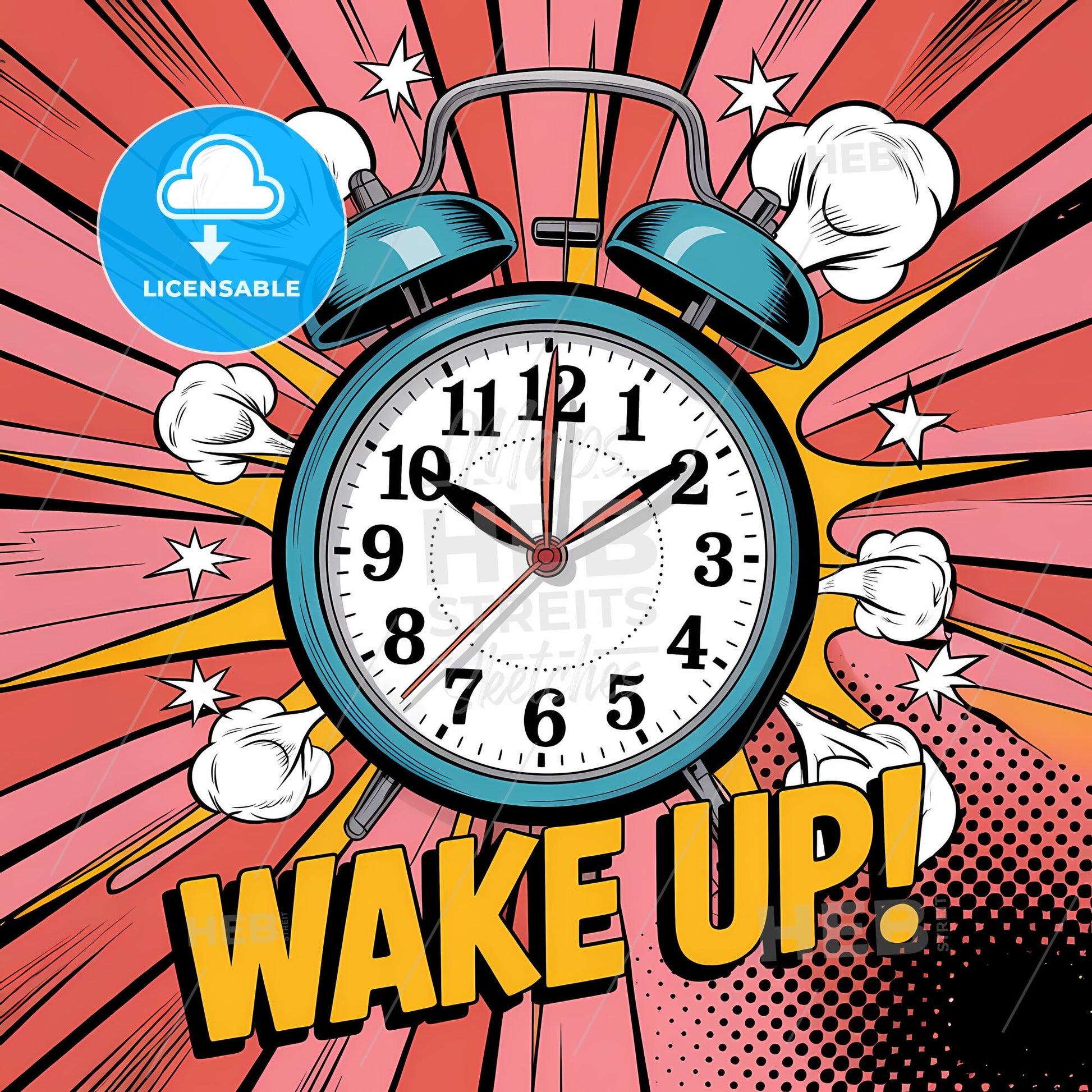 Vibrant Wake-Up Call: Retro Turquoise Alarm Clock in Pop Art Explosion