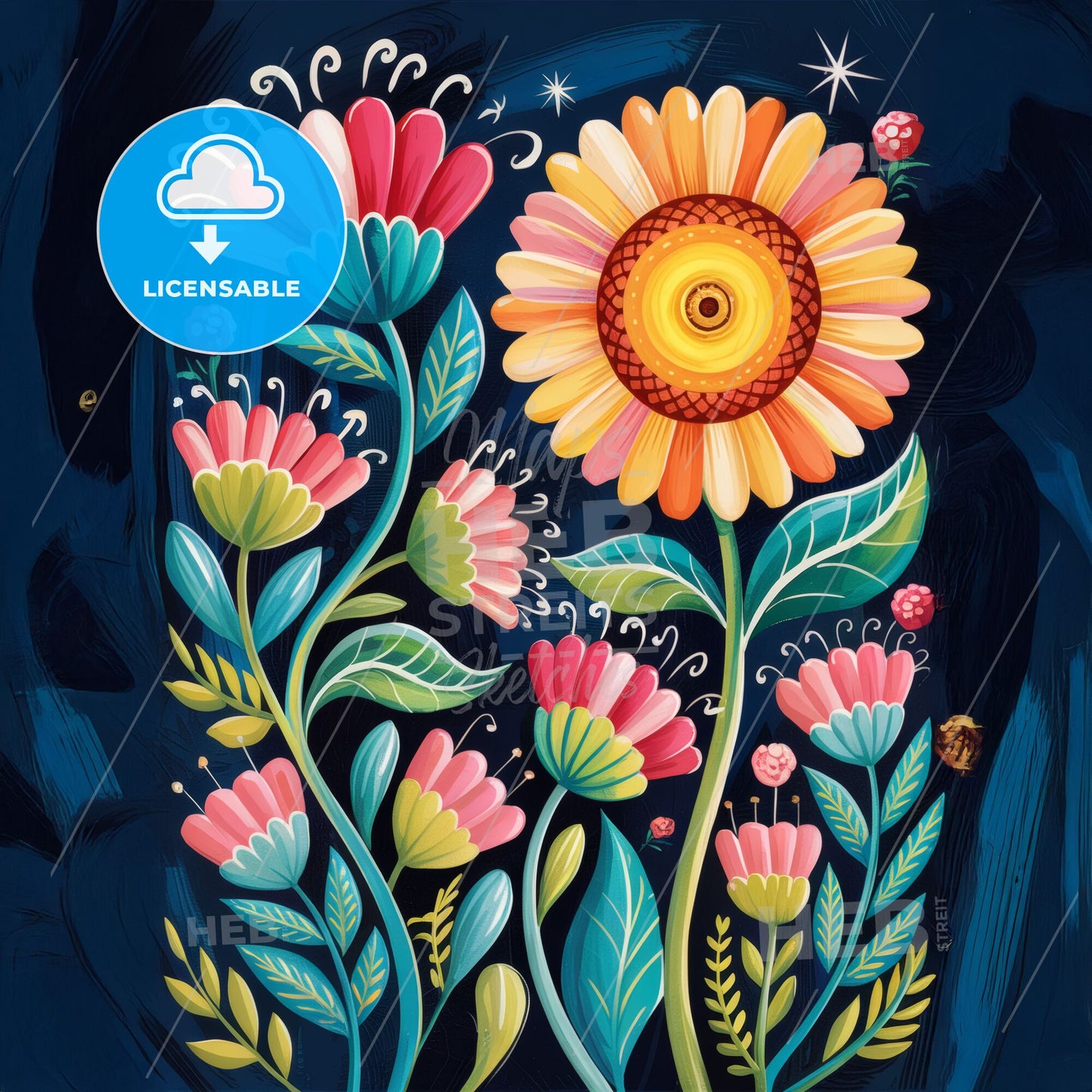 Vibrant Whimsical Floral Symphony: Bold Abstract Art in Folk Style on Navy Canvas