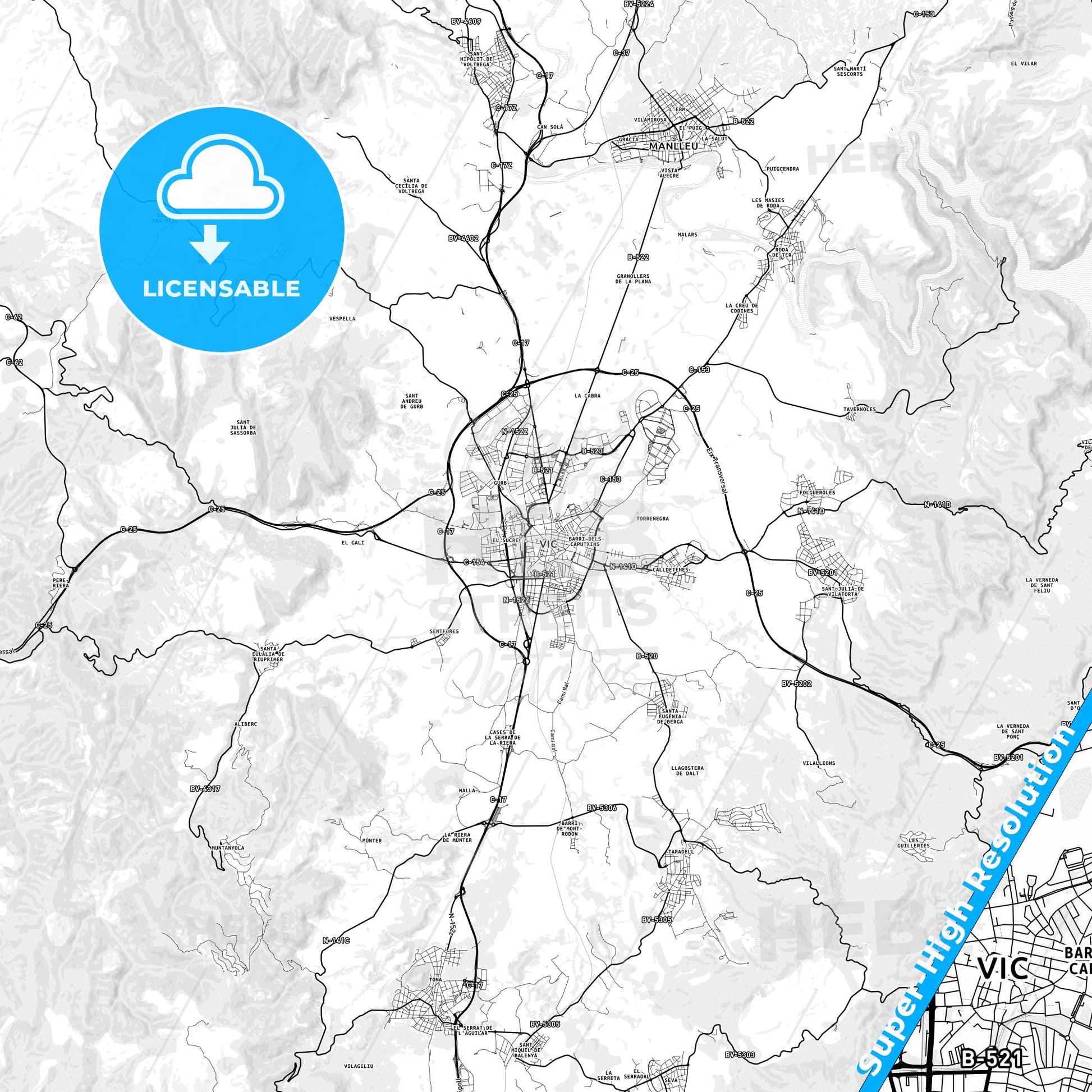 Vic, Spain light map with streetnames, citynames and districts