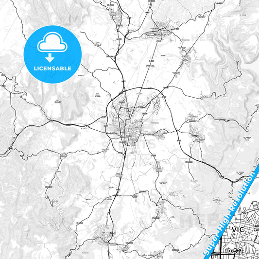 Vic, Spain light map with streetnames, citynames and districts