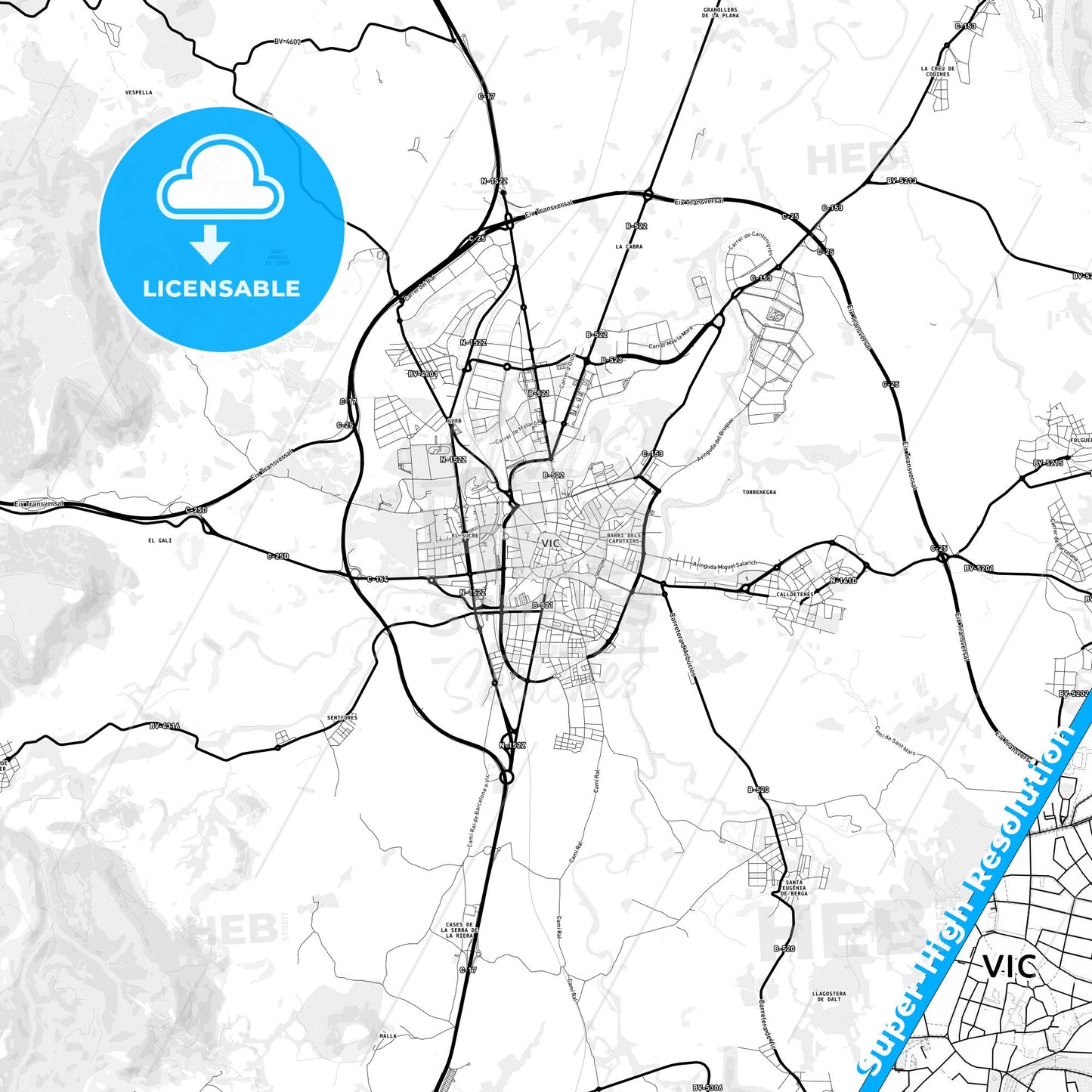 Vic, Spain Light Map with Street Names, City Names, and Districts