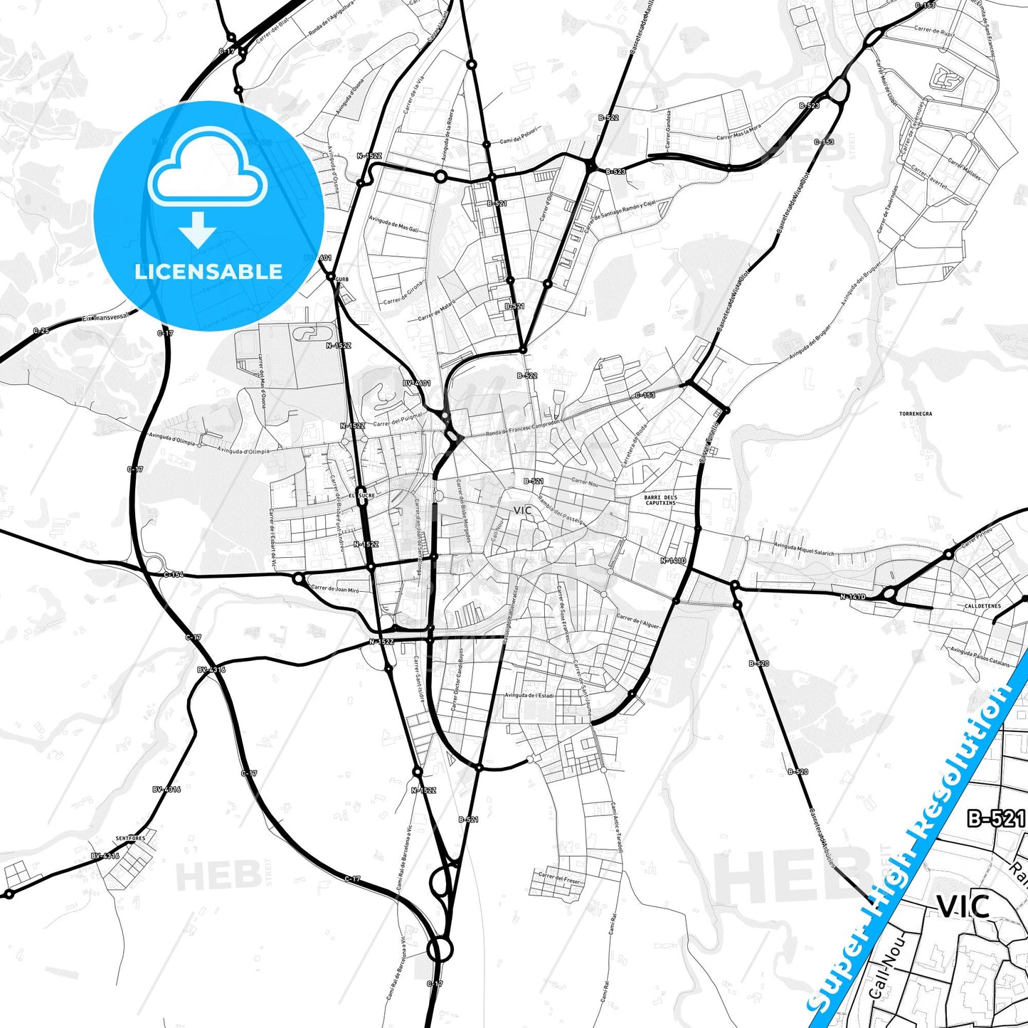 Vic, Spain Light Map with Street Names, City Names, and Districts