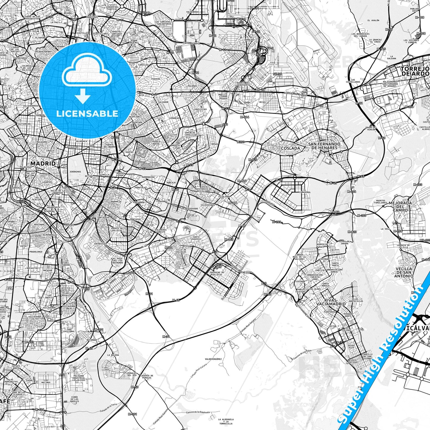 Vicálvaro, Spain light map with streetnames, citynames and districts