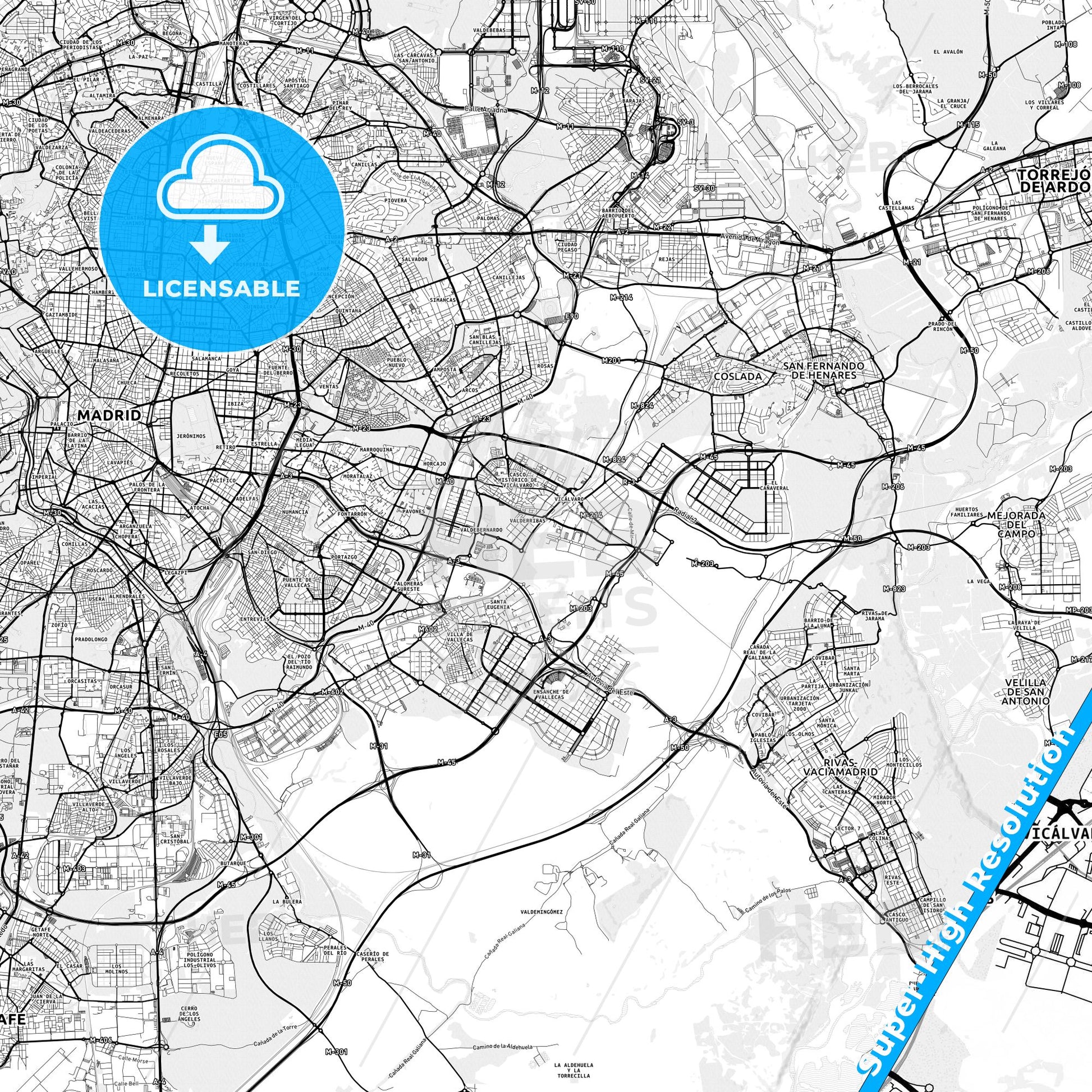 Vicálvaro, Spain light map with streetnames, citynames and districts
