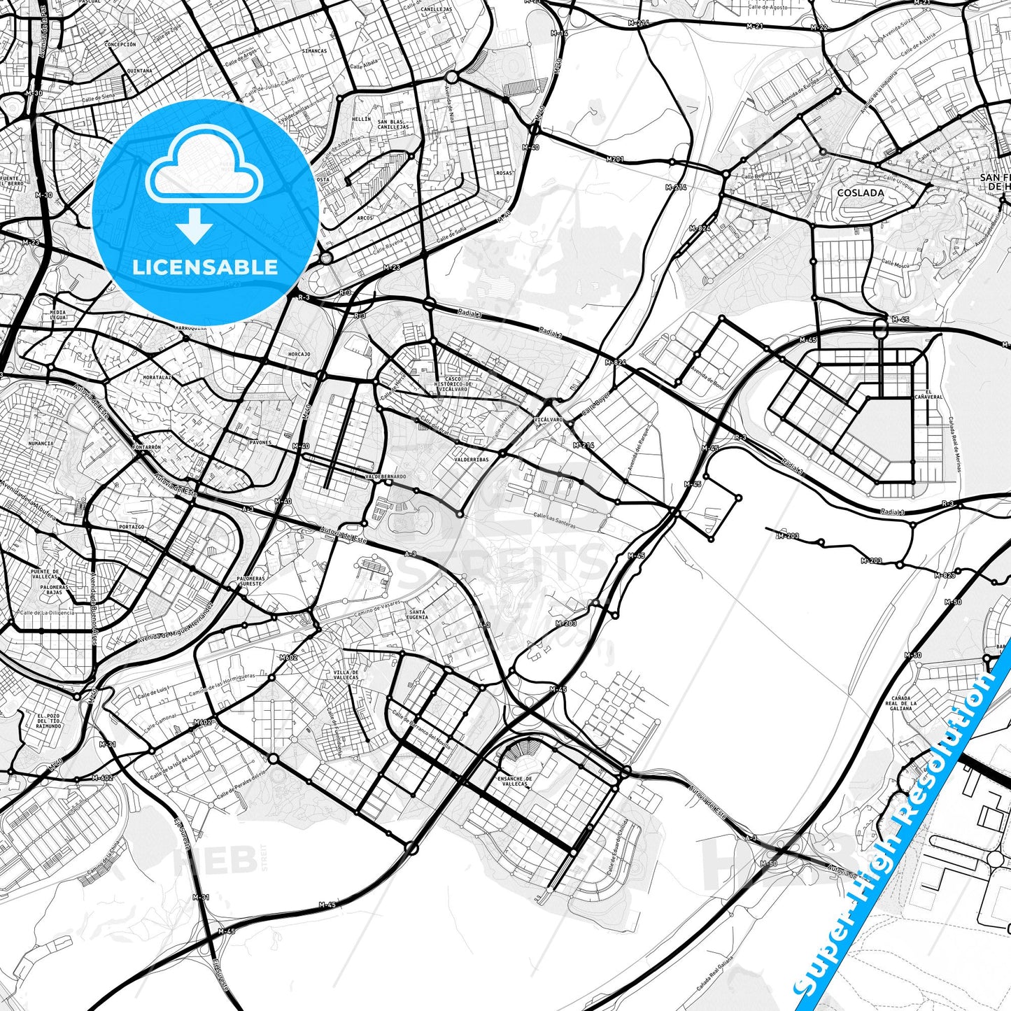 Vicálvaro, Spain Light Map with Street Names, City Names, and Districts