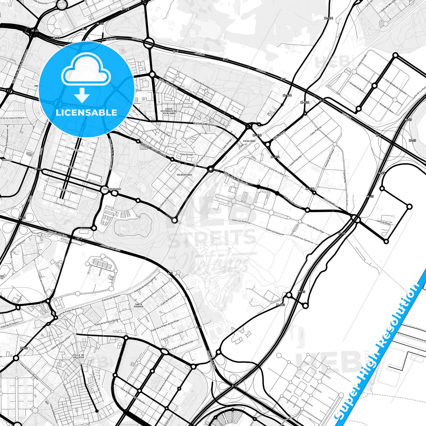 Vicálvaro, Spain Light Map with Street Names, City Names, and Districts