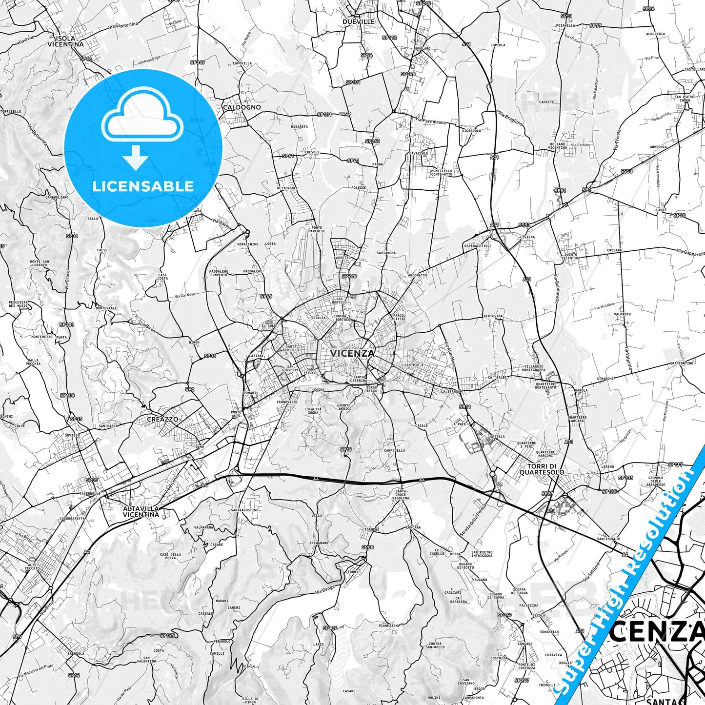 Vicenza, Italy light map with streetnames, citynames and districts