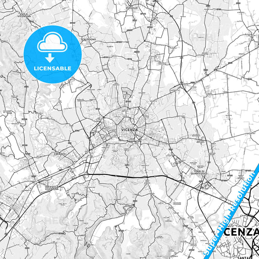 Vicenza, Italy light map with streetnames, citynames and districts