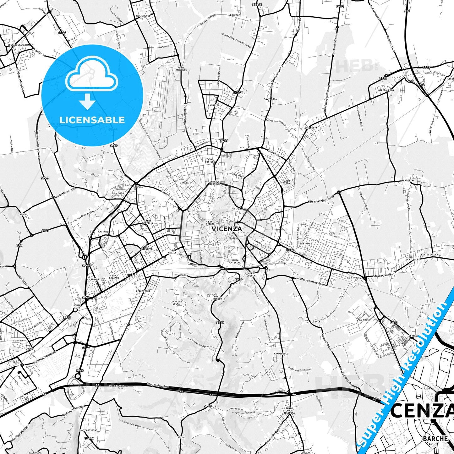 Vicenza, Italy Light Map with Street Names, City Names, and Districts