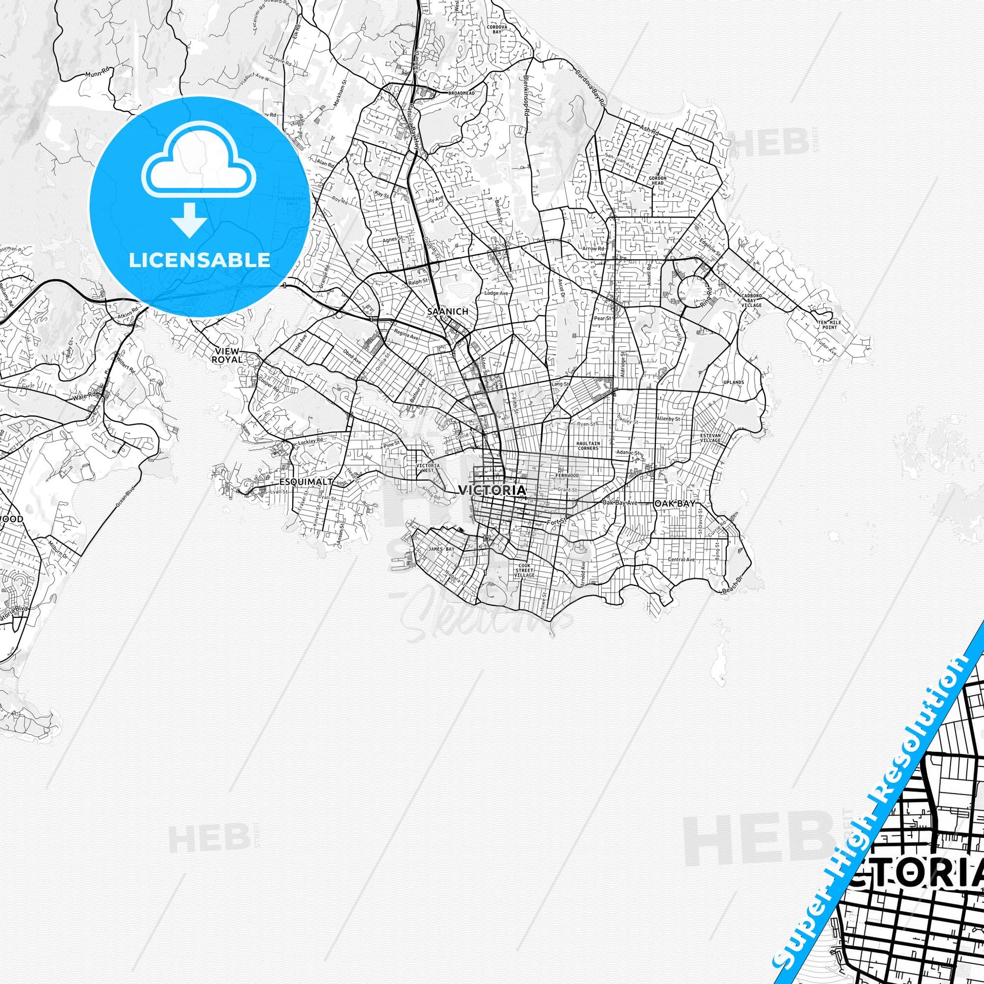 Victoria, Canada light map with streetnames, citynames and districts