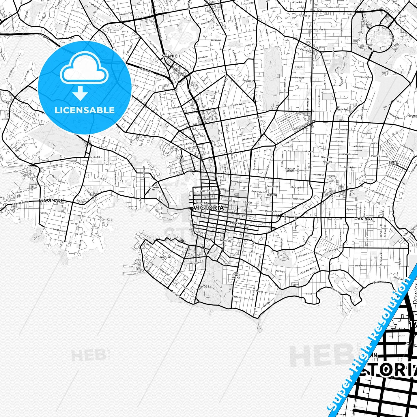 Victoria, Canada Light Map with Street Names, City Names, and Districts