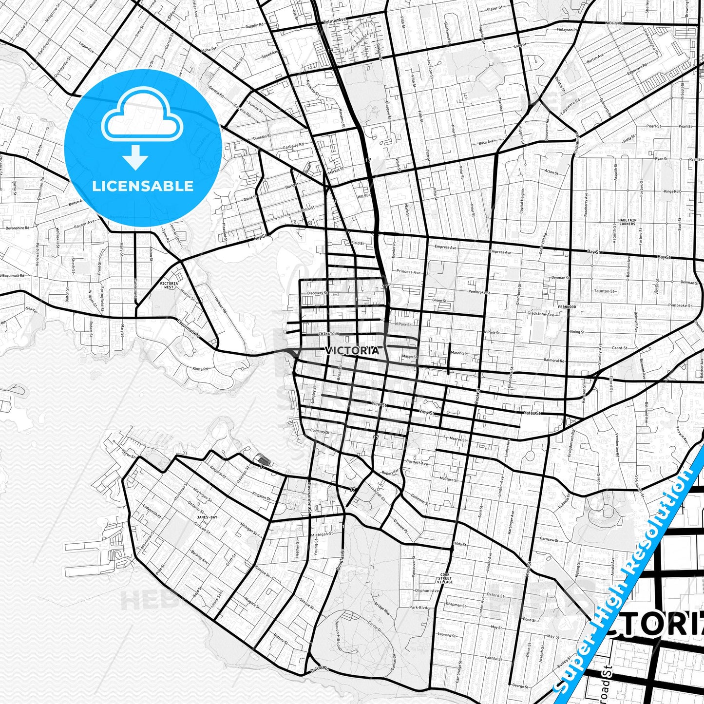 Victoria, Canada Light Map with Street Names, City Names, and Districts
