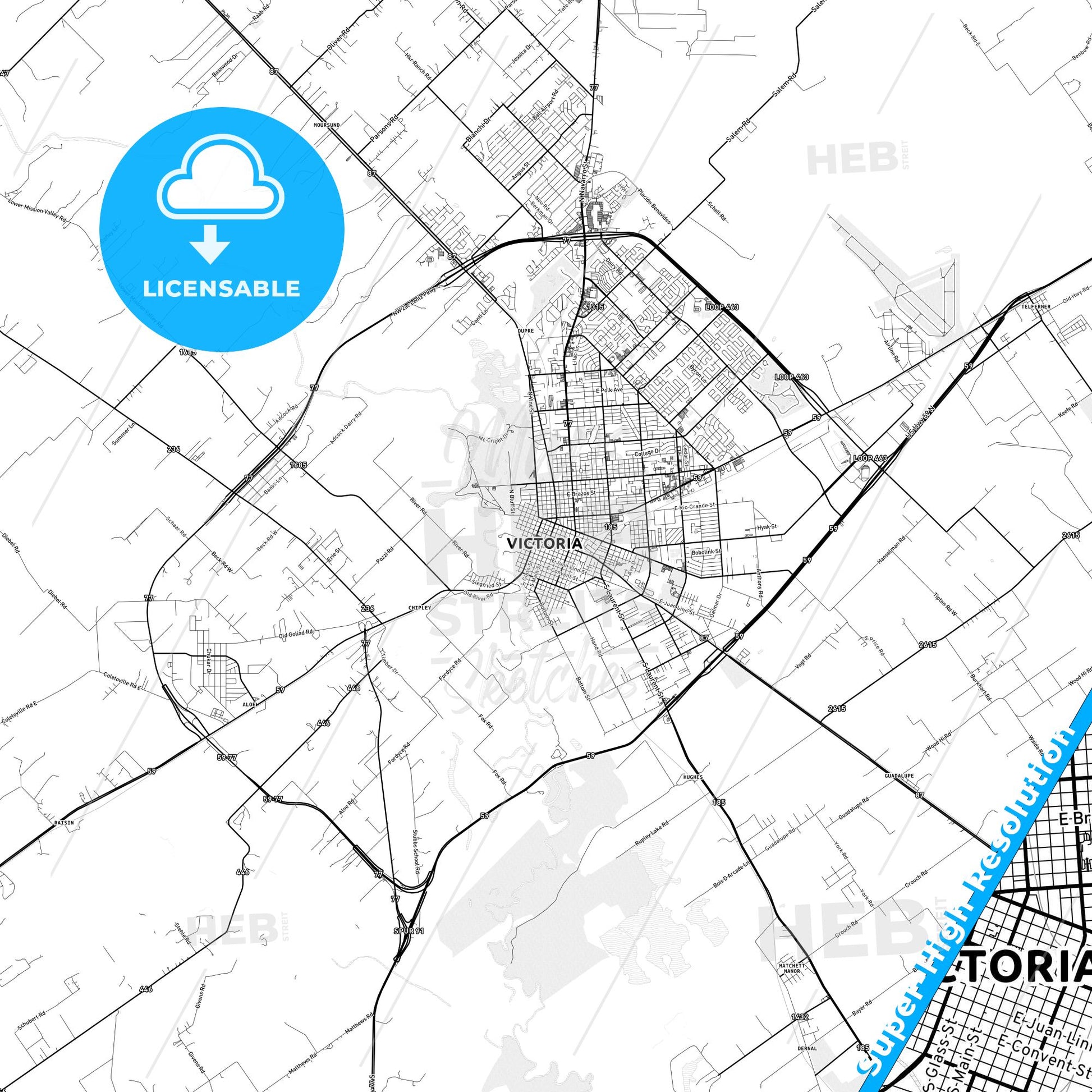 Victoria, Texas light map with streetnames, citynames and districts