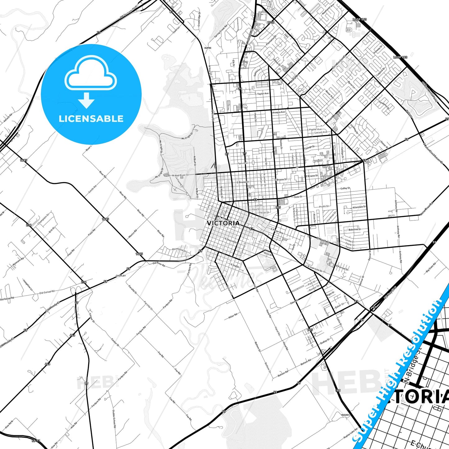 Victoria, Texas Light Map with Street Names, City Names, and Districts