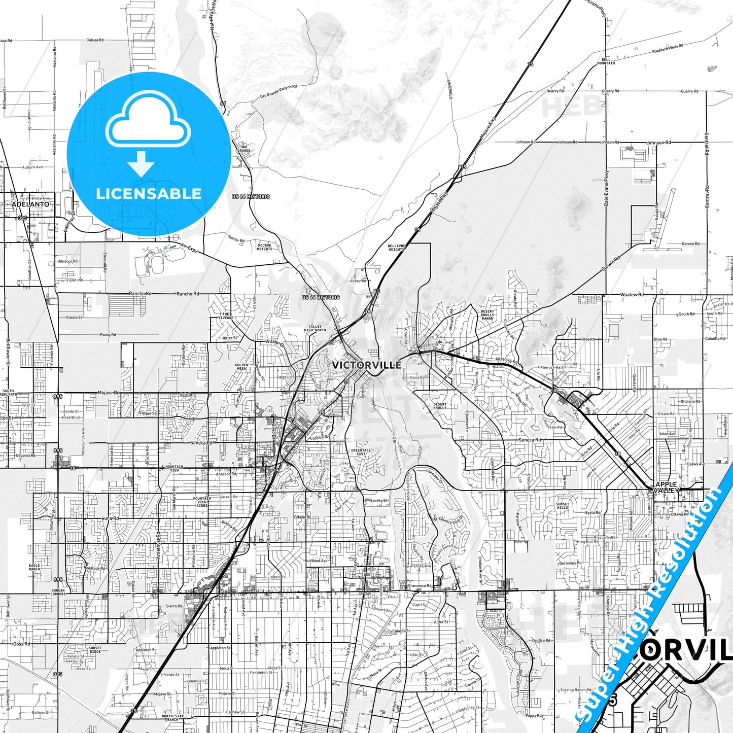 Victorville, California light map with streetnames, citynames and districts