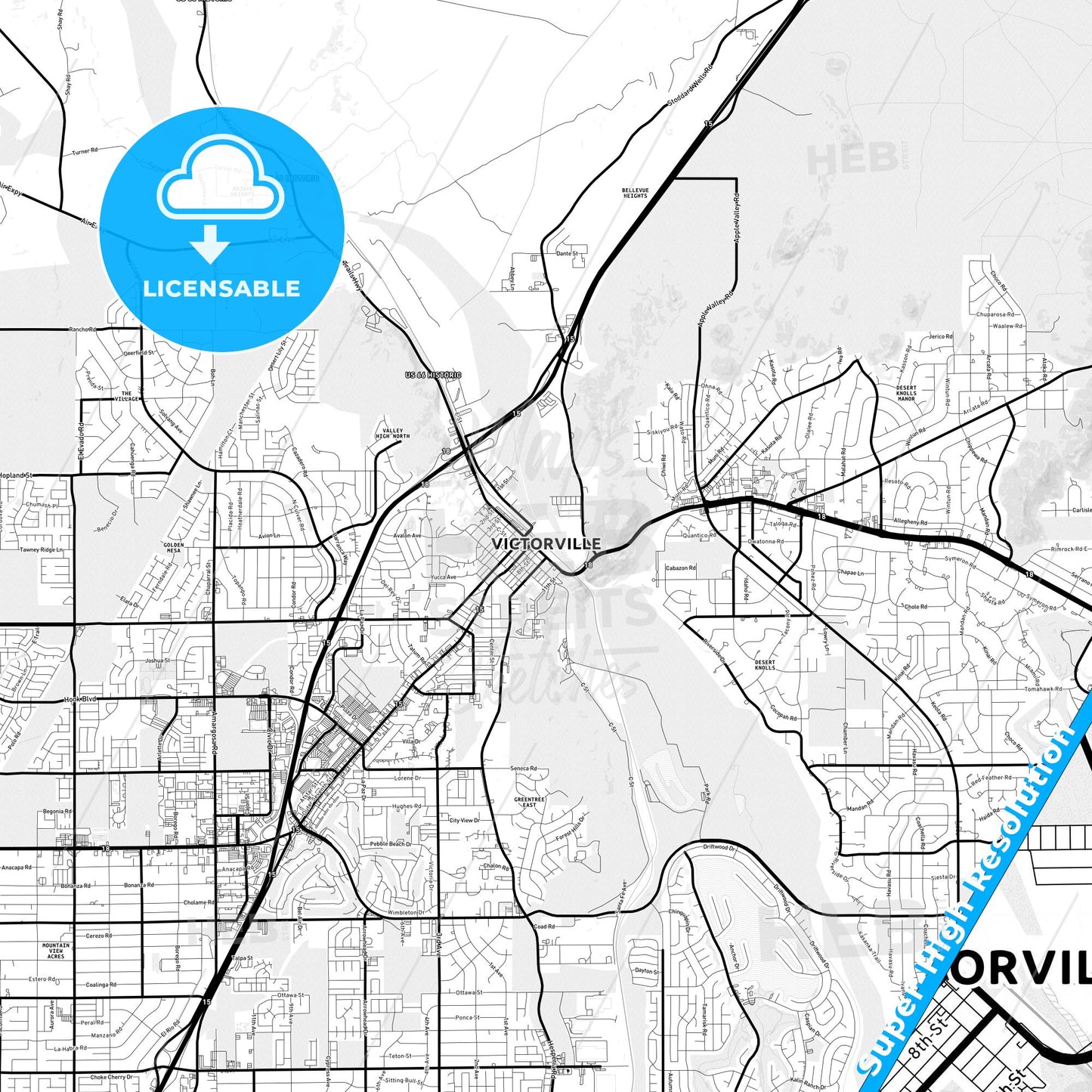 Victorville, California Light Map with Street Names, City Names, and Districts