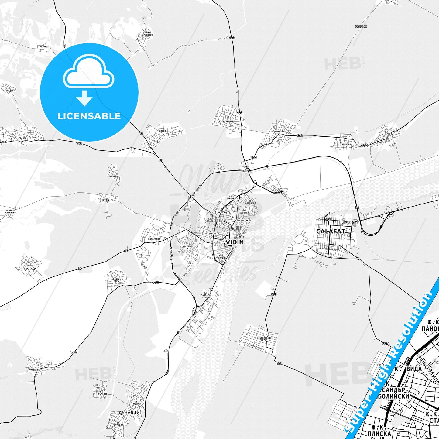 Vidin, Bulgaria light map with streetnames, citynames and districts
