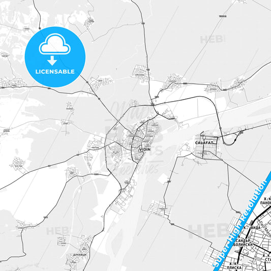 Vidin, Bulgaria light map with streetnames, citynames and districts