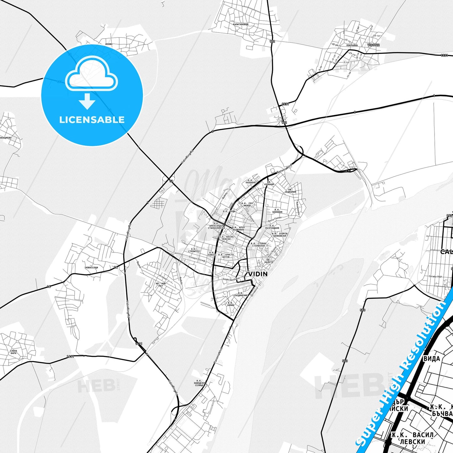 Vidin, Bulgaria Light Map with Street Names, City Names, and Districts