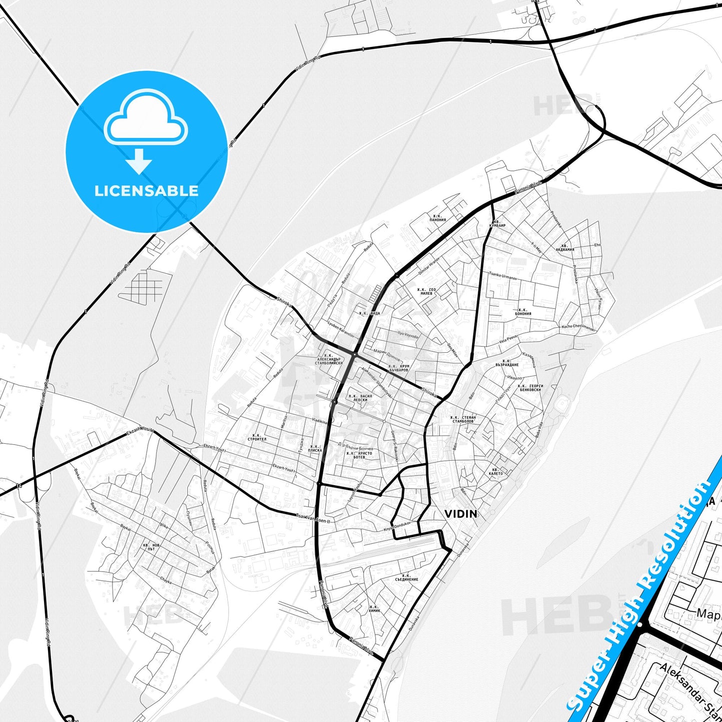 Vidin, Bulgaria Light Map with Street Names, City Names, and Districts