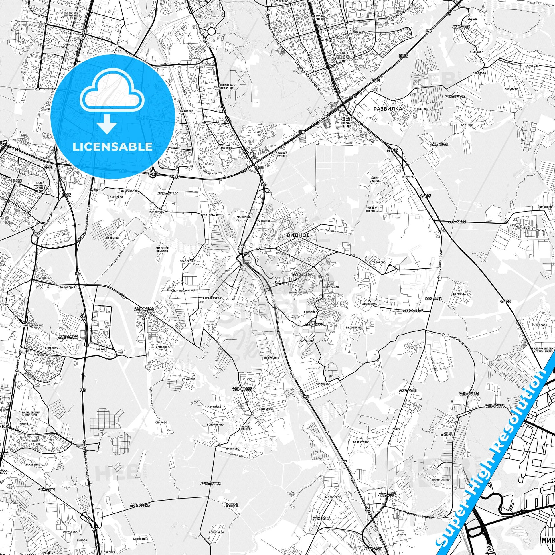 Vidnoye, Russia light map with streetnames, citynames and districts