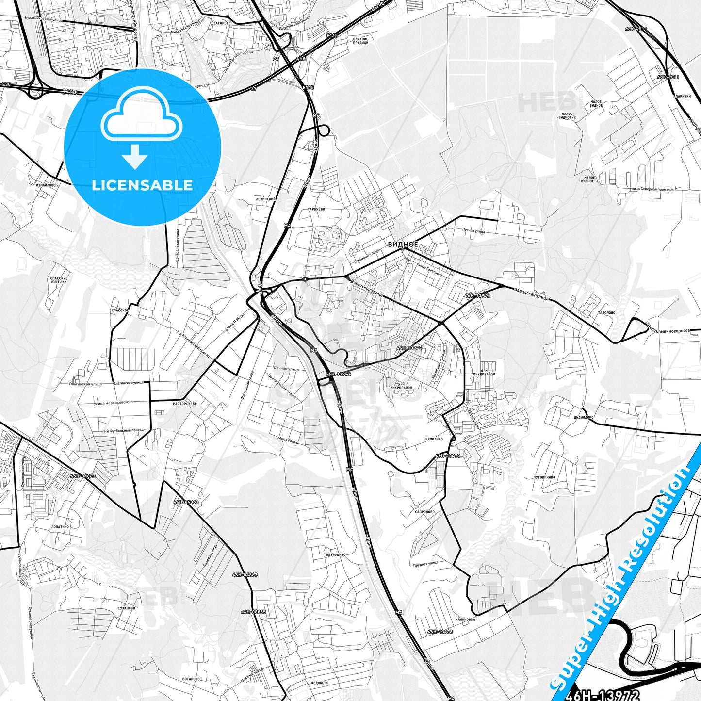 Vidnoye, Russia Light Map with Street Names, City Names, and Districts