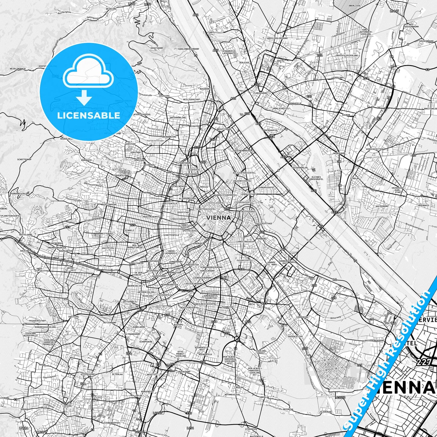 Vienna, Austria light map with streetnames, citynames and districts