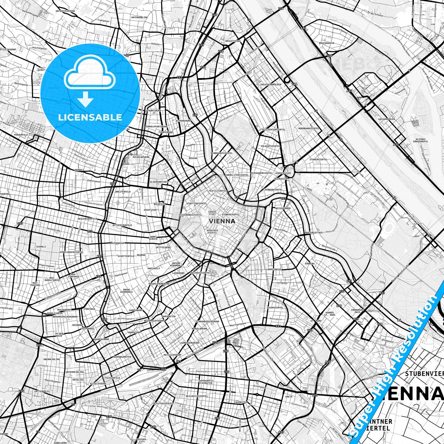 Vienna, Austria Light Map with Street Names, City Names, and Districts