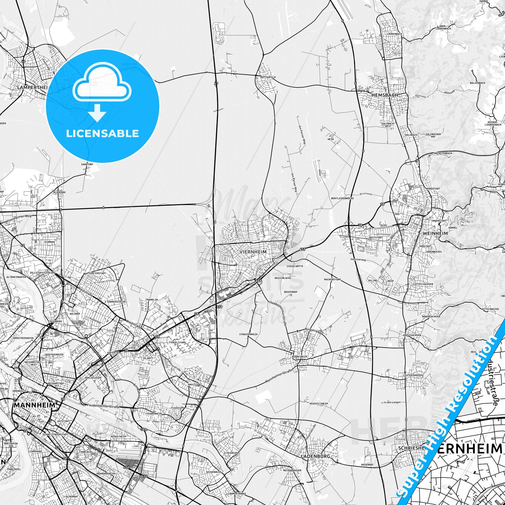 Viernheim, Germany light map with streetnames, citynames and districts