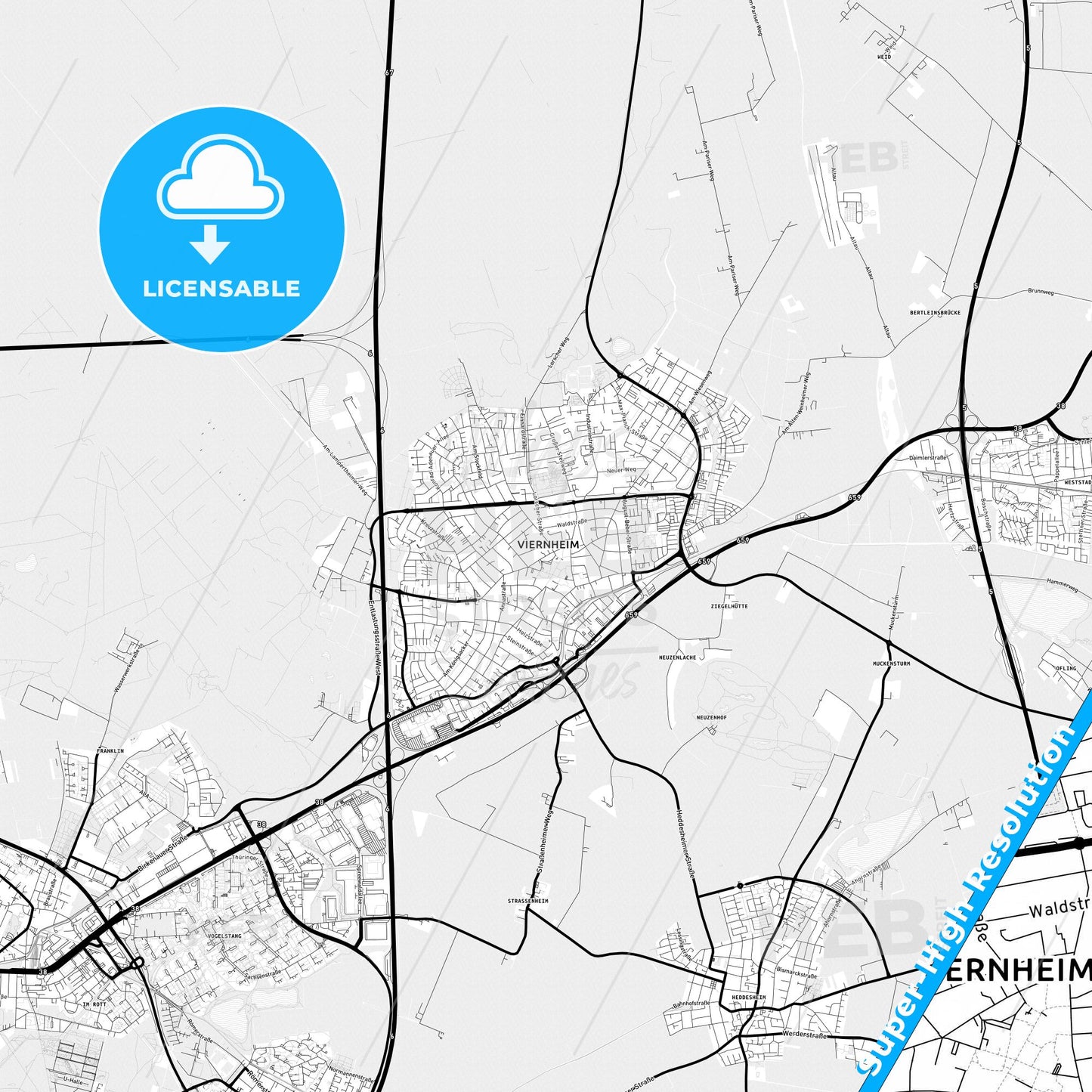 Viernheim, Germany Light Map with Street Names, City Names, and Districts