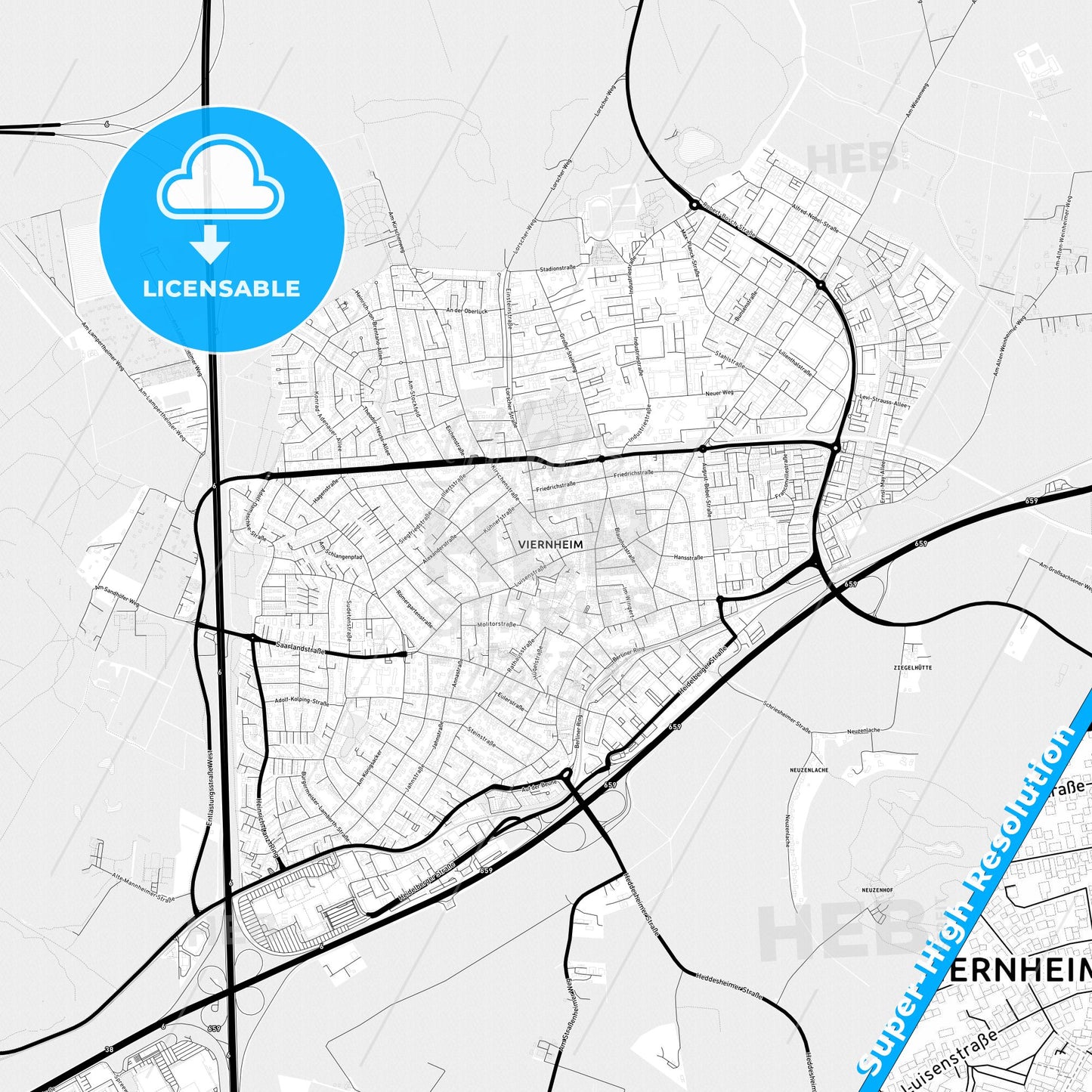 Viernheim, Germany Light Map with Street Names, City Names, and Districts