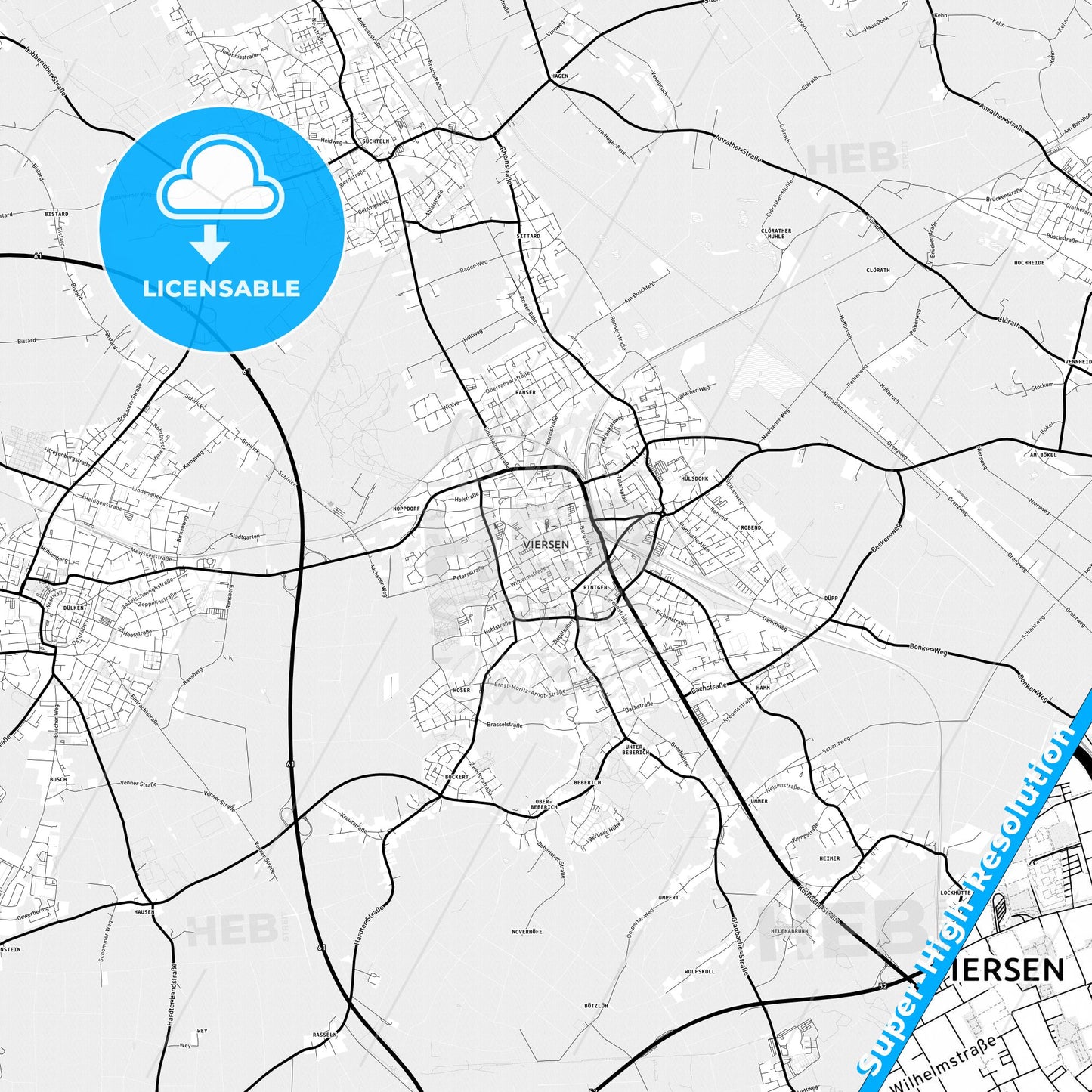Viersen, Germany Light Map with Street Names, City Names, and Districts