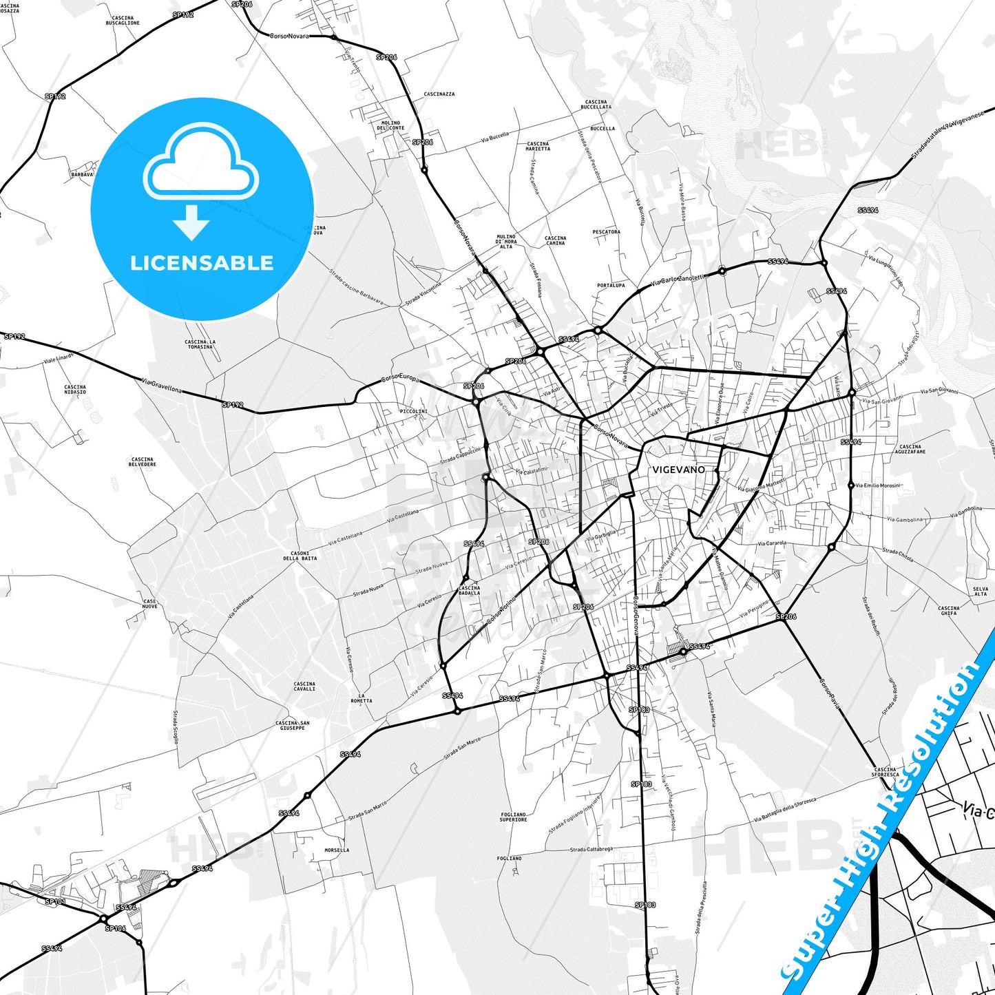 Vigevano, Italy Light Map with Street Names, City Names, and Districts