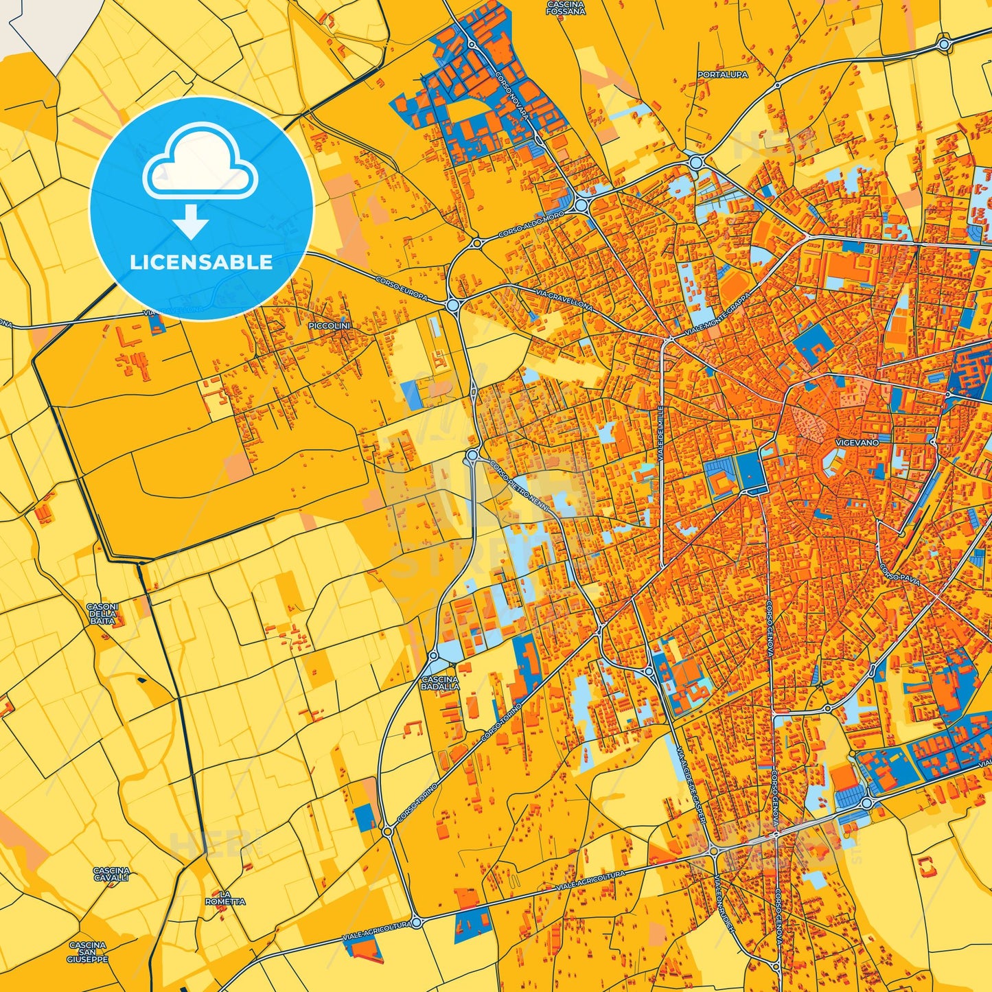 Colorful Vigevano Street Map with Labels and Buildings