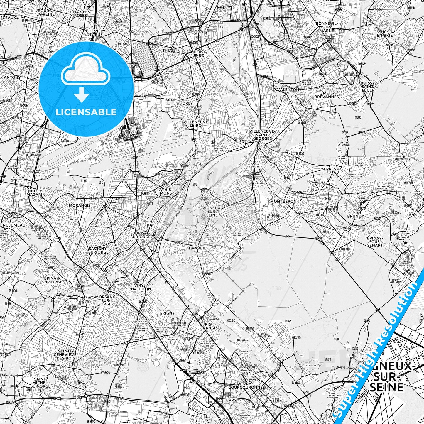 Vigneux-sur-Seine, France light map with streetnames, citynames and districts