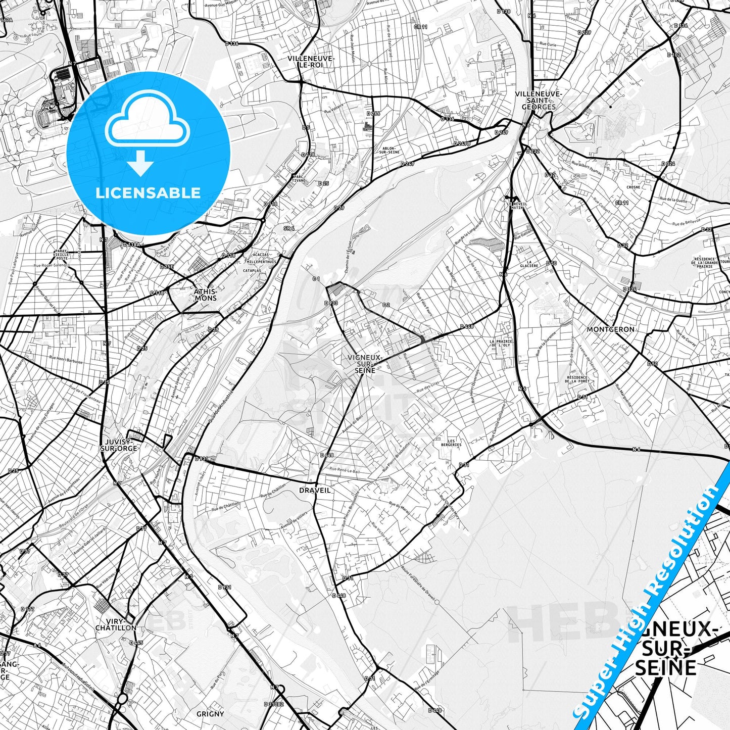 Vigneux-sur-Seine, France Light Map with Street Names, City Names, and Districts