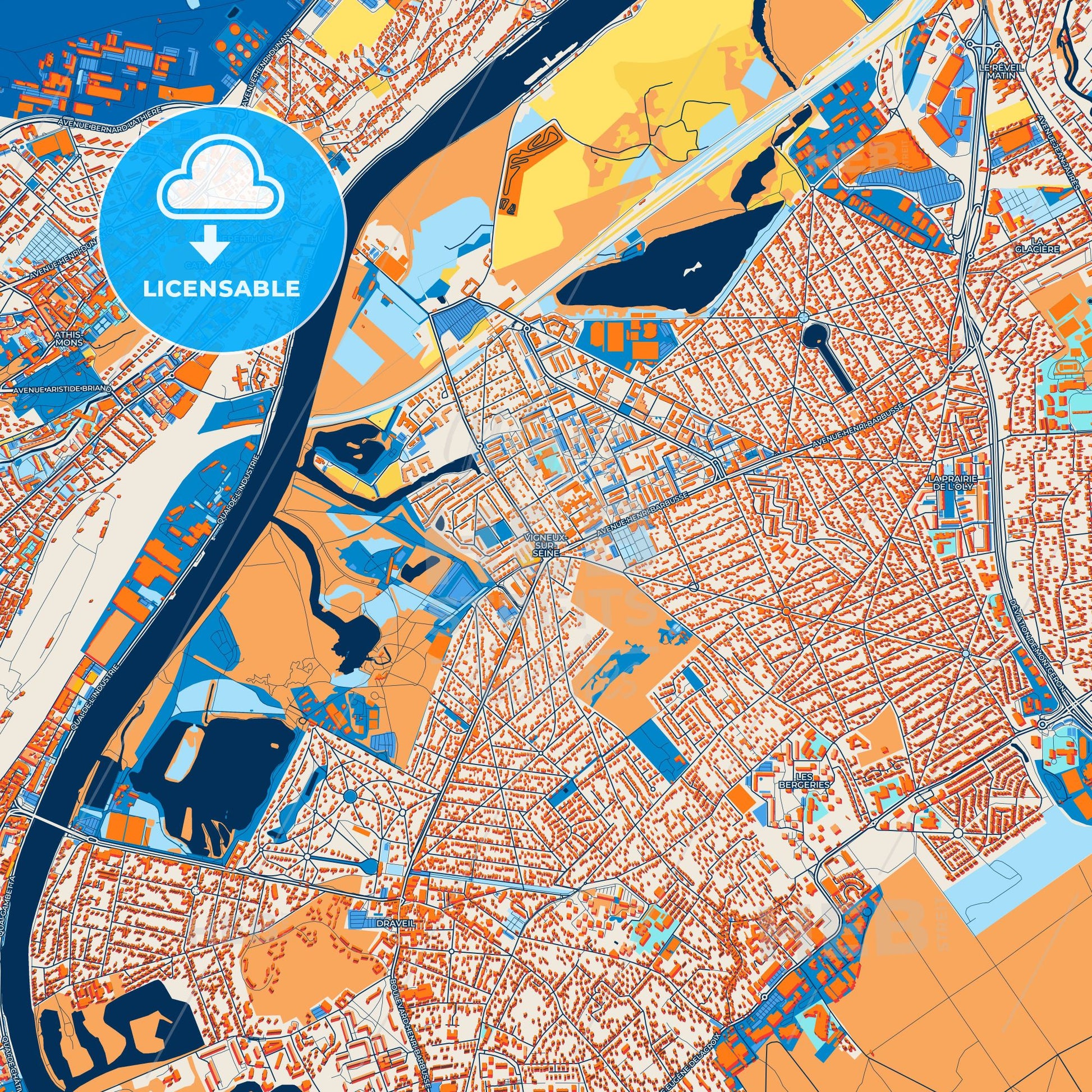 Colorful Vigneux-sur-Seine Street Map with Labels and Buildings