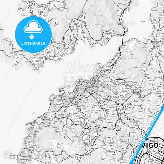 Vigo, Spain light map with streetnames, citynames and districts